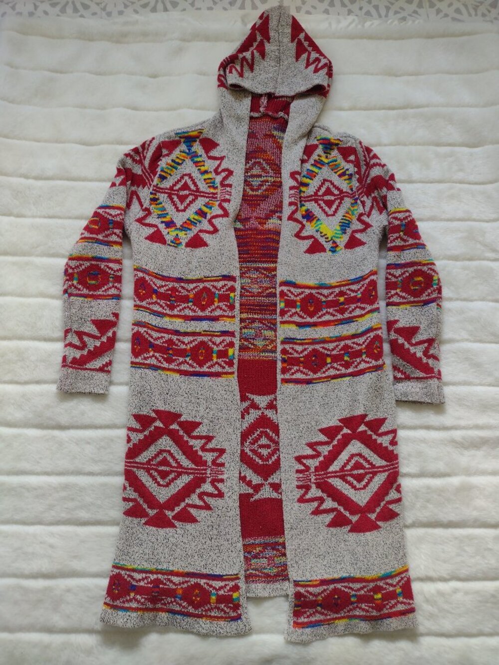 Women's Hooded Western Style Aztec Cardigan Gray Red Small